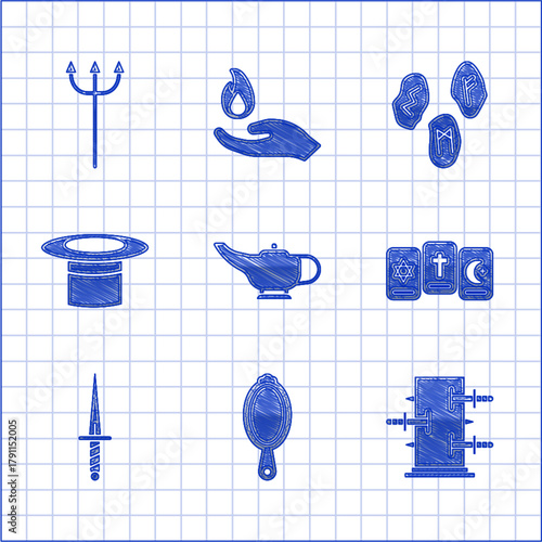 Set Magic lamp or Aladdin, hand mirror, Trunk for magic tricks, Three tarot cards, Dagger, Magician hat, runes and Neptune Trident icon. Vector