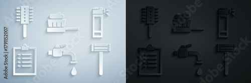 Set Water tap, Bottle with nozzle spray, Clipboard checklist, Shaving razor, Toothbrush toothpaste and Hairbrush icon. Vector