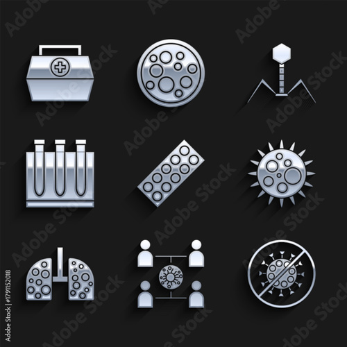 Set Pills in blister pack, Virus spread, Stop virus, cells lung, Blood test and, Bacteria bacteriophage and First aid kit icon. Vector