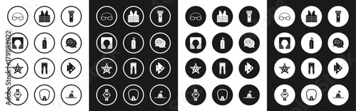 Set Flashlight, Aqualung, Life jacket, Glasses and cap, Scallop sea shell, Fish and Starfish icon. Vector