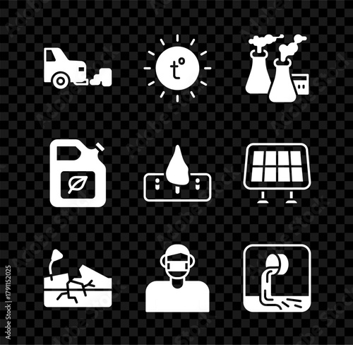 Set Car exhaust, Sun, Smoke from factory, Earthquake, Face in protective mask, Wastewater, Bio fuel canister and Deforestation icon. Vector