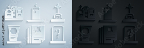 Set Death certificate, Grave with cross, tombstone, Burning candle and icon. Vector