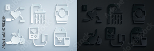 Set Blood pressure, Soda can, Fruit, Paper package for milk, Shower head and Attention to health heart icon. Vector