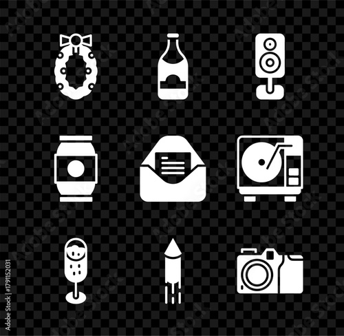 Set Christmas wreath, Champagne bottle, Stereo speaker, Glass of champagne, Firework rocket, Photo camera, Beer can and party invitation card icon. Vector