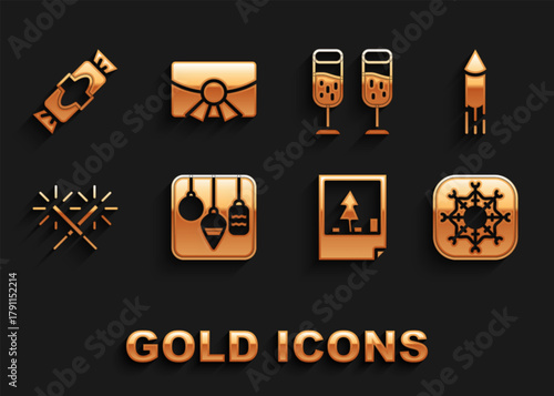 Set Christmas lights, Firework rocket, Snowflake, postcard, Sparkler firework, Glass of champagne, Candy and icon. Vector