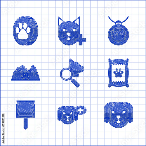Set Veterinary clinic symbol, Dog, Bag of food for dog, Dustpan, Pet bowl cat, Collar with name tag and Paw print icon. Vector