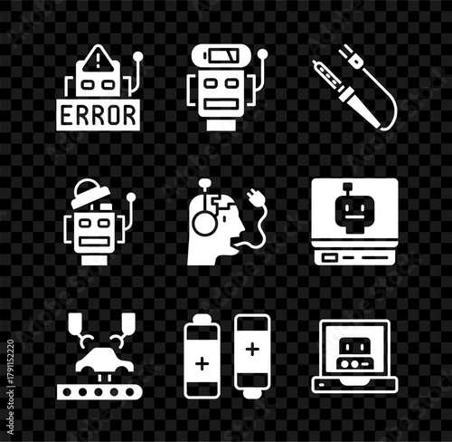 Set Error in robot, Robot low battery charge, Soldering iron, Robotic arm factory, Battery, Creating, and charging icon. Vector