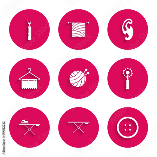 Set Yarn ball with knitting needles, Ironing board, Sewing button for clothes, Cutter tool, Electric iron and ironing, Hanger wardrobe, French curves and icon. Vector