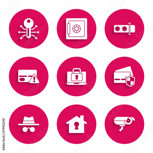 Set Laptop and lock, House under protection, Security camera, Credit card with shield, Incognito mode, Password and Smart key icon. Vector