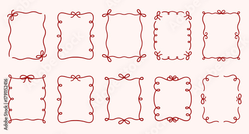 Whimsical wedding frame doodle set. Coquette boarders with bows and ribbons in sketch style. Hand drawn Vintage vector illustration for Valentine’s Day, wedding invitations.