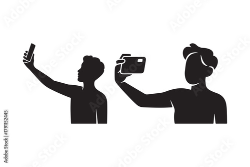 Two silhouettes taking selfies with phones and cameras