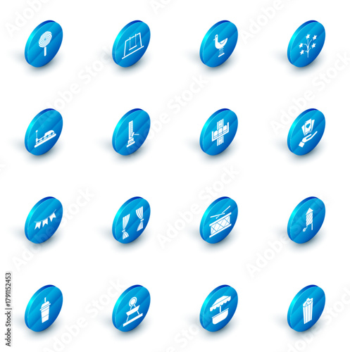 Set Swing, Riding kid duck, Fireworks, Bumper car, Carnival garland with flags, High striker attraction big hammer, Hand holding playing cards and Attraction carousel icon. Vector