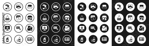 Set Chicken egg in box, New price tag dollar, Hanging sign with Open, Price for fish, Market store, Credit card, Cash register machine and Shopping cart on computer icon. Vector
