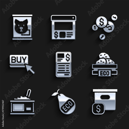 Set Paper or financial check, Healthy organic pear, Carton cardboard box with price, Wooden for fruits, Tin can caviar, Buy button, Coin money dollar and Canned food icon. Vector