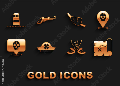 Set Pirate hat, Location pirate, treasure map, Crossed swords, Skull, eye patch, Lighthouse and Vintage pistol icon. Vector