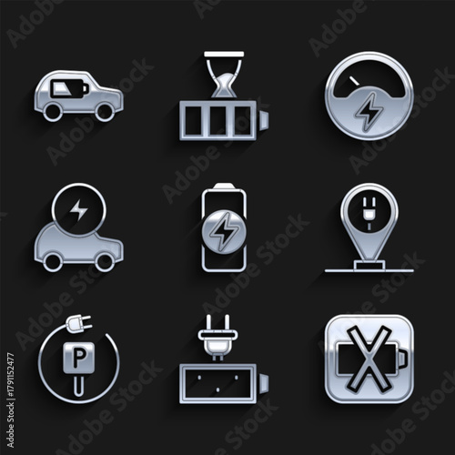 Set Battery charge, Low battery, Charging parking electric car, Electric, Voltmeter and icon. Vector