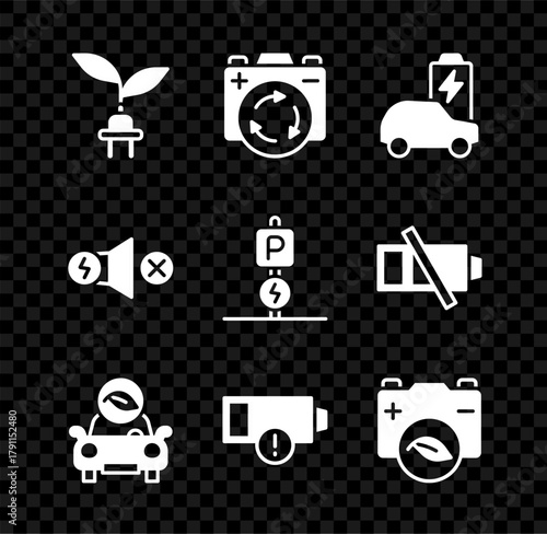 Set Electric saving plug in leaf, Battery with recycle symbol, car, Eco, Low battery, nature, motor and Charging parking electric icon. Vector