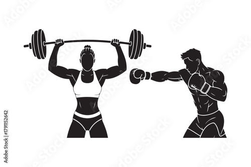 Silhouettes of a woman lifting weights and a man boxing