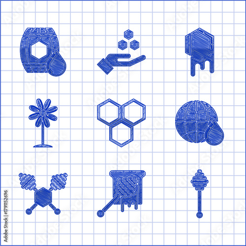 Set Honeycomb, dipper stick with dripping honey, map of the world, Flower, and Wooden barrel icon. Vector