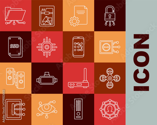 Set line Project team base, Drone, Remote control, File document, Processor, SSD card, Folder and lock and Mobile graphic password protection icon. Vector