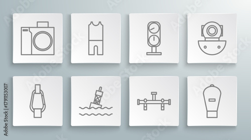 Set line Carabiner, Wetsuit for scuba diving, Floating buoy on the sea, Manifold, Lift bag, Gauge scale, Aqualung and Photo camera diver icon. Vector