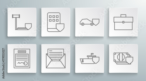 Set line Filled form, Smartphone insurance, Mail and e-mail, Ship with shield, Money, Car, Briefcase and Judge gavel icon. Vector