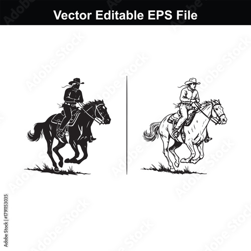 Two cowboys riding horses in a race, one black silhouette and one line drawing