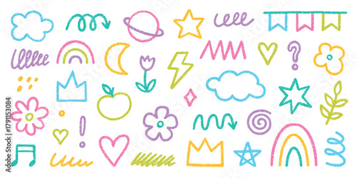 Chalk cute kids elements, crayon pencil preschool kindergarten doodle icons set. Hand drawn childish scribble rainbow, stars, flower, crown in sketch style.