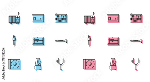 Set line CD or DVD disk, Metronome with pendulum in motion, Radio antenna, Musical tuning fork, Sound audio recorder laptop, Clarinet, Microphone and VHS video cassette tape icon. Vector