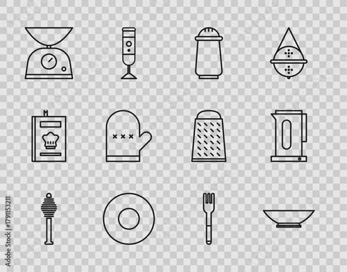 Set line Honey dipper stick, Bowl, Salt and pepper, Plate, Scales, Oven glove, Fork and Kettle with handle icon. Vector