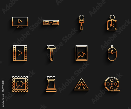 Set line Picture landscape, Chess symbol, Online play video, Tourist tent, Film reel, Hammer, Computer mouse and icon. Vector