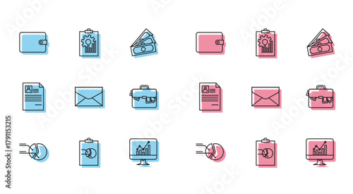 Set line Pie chart infographic, Clipboard with, Wallet, Computer monitor, Envelope, Briefcase and money, Resume and icon. Vector
