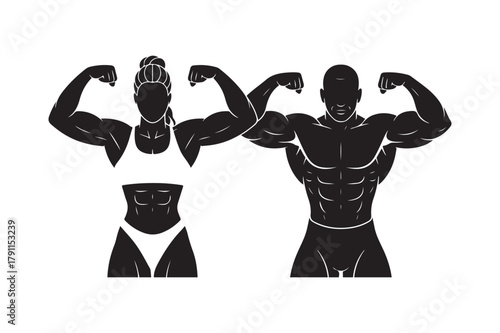 Silhouettes of muscular male and female bodybuilders posing