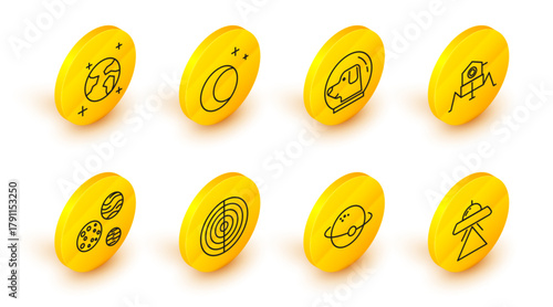 Set line UFO flying spaceship, Planet, Earth structure, Mars rover, Dog astronaut helmet, Moon and stars and globe icon. Vector