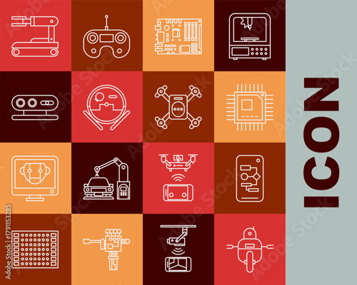 Set line Robot, Algorithm, Processor with microcircuits CPU, Electronic computer components motherboard digital chip, vacuum cleaner, 3d scanning system, and Drone flying action camera icon. Vector