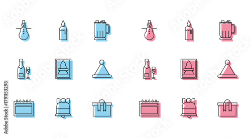 Set line Calendar, Merry Christmas ringing bell, snowman, Gift box, postcard, Santa Claus hat, Champagne bottle and glass of champagne and Burning candle candlestick icon. Vector