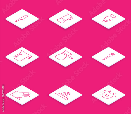 Set line Knife, Moka pot, Pastry bag for decorate cakes, Measuring cup, Coffee turk, Fork, and Citrus fruit juicer icon. Vector