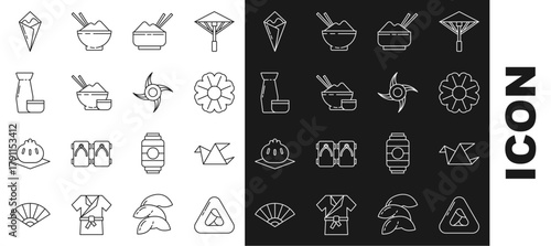 Set line Sushi, Origami bird, Flower, Rice in bowl with chopstick, Traditional Japanese tea ceremony, Temaki roll and ninja shuriken icon. Vector