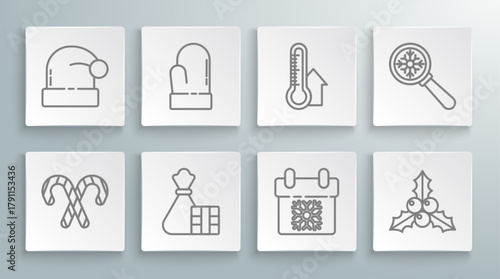 Set line Christmas candy cane with stripes, Gift box bag, Calendar, Branch viburnum or guelder rose, Meteorology thermometer measuring, Magnifying glass snowflake and Santa Claus hat icon. Vector