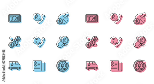 Set line Armored truck, Financial news, Trademark, Target with dollar symbol, Telephone handset and speech bubble chat, Magnet money, Coin and icon. Vector