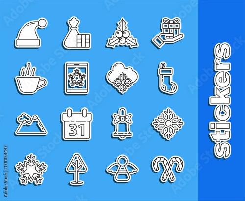 Set line Christmas candy cane with stripes, Snowflake, stocking, Branch viburnum or guelder rose, on smartphone snowflake, Coffee cup, Santa Claus hat and Cloud icon. Vector