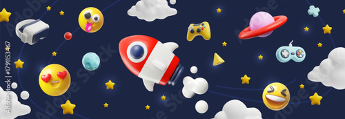 Game metaverse with smiley emoji 3D vector pattern, gaming joystick, rocket and planets floating in cosmic space
