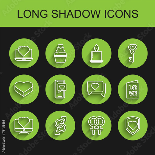 Set line Computer monitor with heart, Male gender symbol, Laptop, Female, Heart shield, Smartphone speech bubble, Valentines day party flyer and Like and icon. Vector