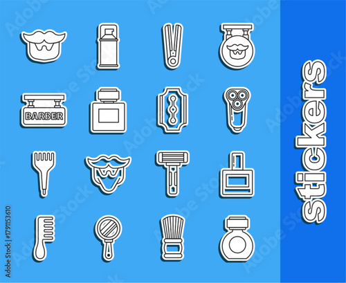 Set line Aftershave, Electric razor blade for men, Curling iron hair, Barbershop, Mustache and beard and Blade icon. Vector