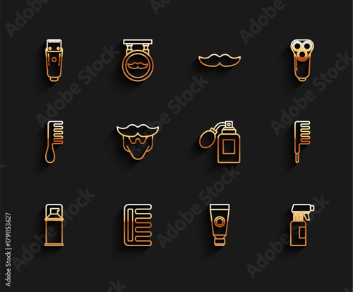 Set line Shaving gel foam, Hairbrush, Electrical hair clipper or shaver, Cream lotion cosmetic tube, Hairdresser pistol spray bottle, Mustache and beard, and Aftershave with atomizer icon. Vector