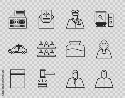 Set line Plastic bag with ziplock, Anonymous question mark, Police officer, Judge gavel, Retro typewriter, Jurors, Lawyer, attorney, jurist and icon. Vector