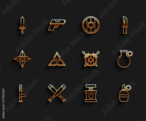 Set line Police rubber baton, Crossed baseball, Medieval sword, Handle detonator for dynamite, grenade, Japanese ninja shuriken, and Wooden shield with crossed swords icon. Vector