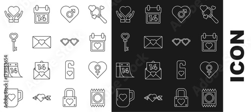 Set line Condom in package, Heart with female gender, Calendar heart, Envelope Valentine, Key shape, hand and shaped love glasses icon. Vector