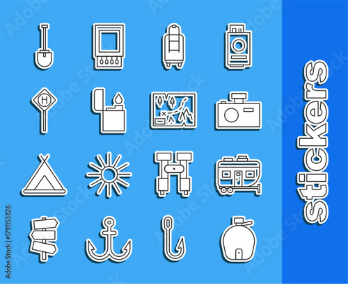 Set line Canteen water bottle, Rv Camping trailer, Photo camera, Suitcase, Lighter, Parking, Shovel and Folded map with location icon. Vector