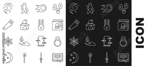 Set line Ancient magic book, Magic stone ring with gem, Fireball, Witch, Hand saw, fog or smoke and Rabbit ears icon. Vector